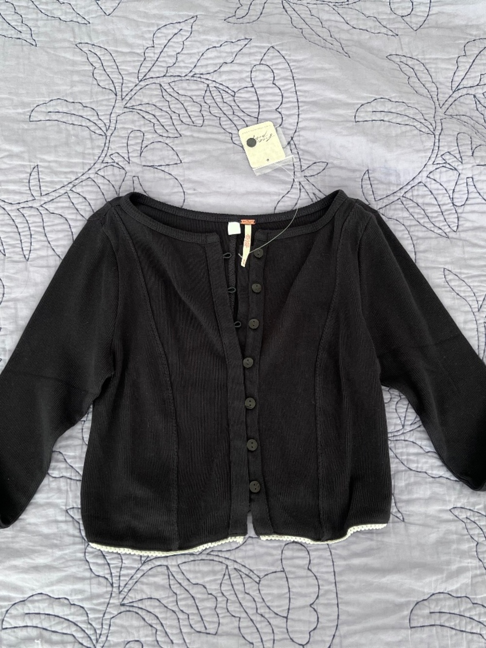 Free People Laverne Ribbed Button Front Top Black Combo XS NWT